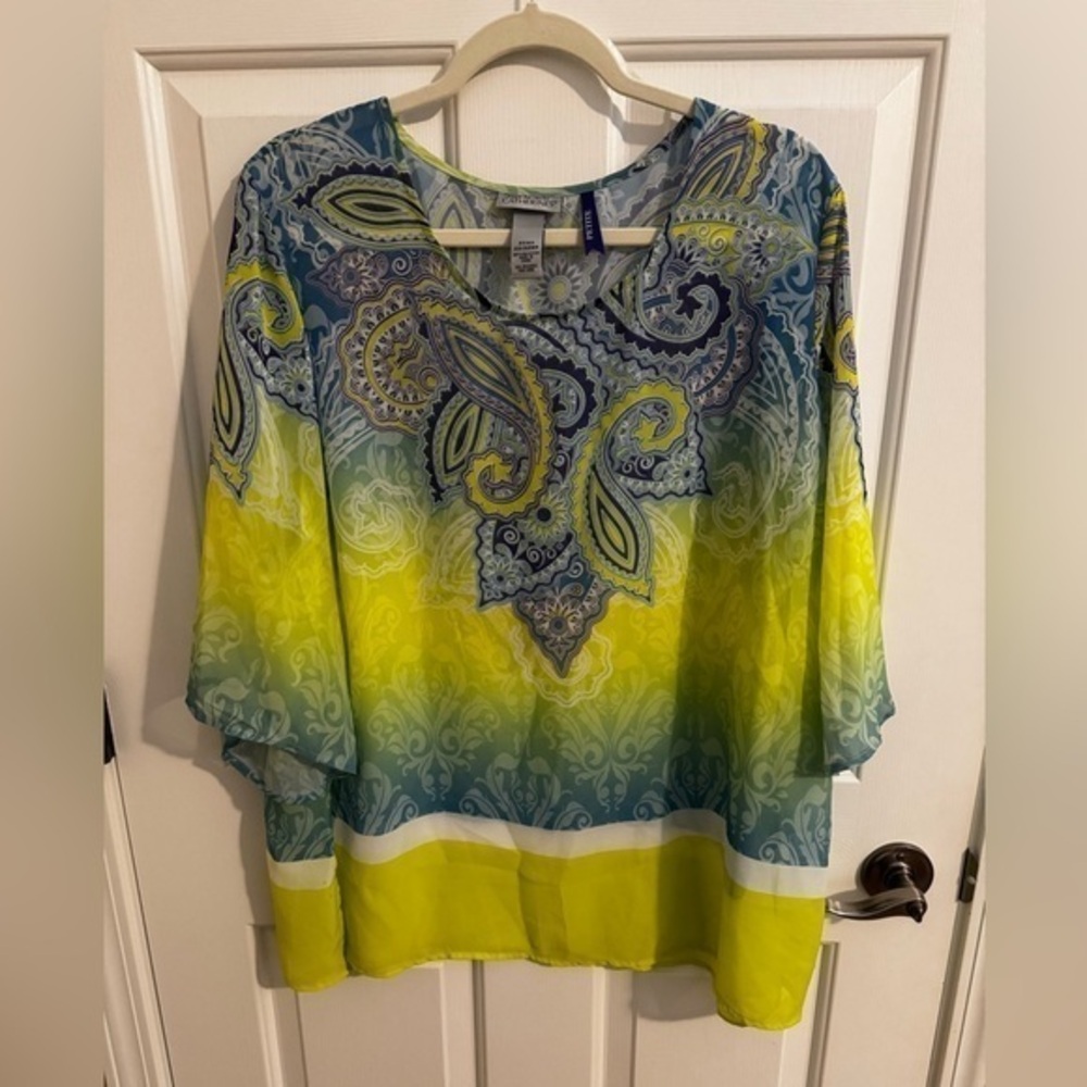 Catherine's Paisley Boho Blue Yellow Print Tunic Plus Size 2XWP 22/24